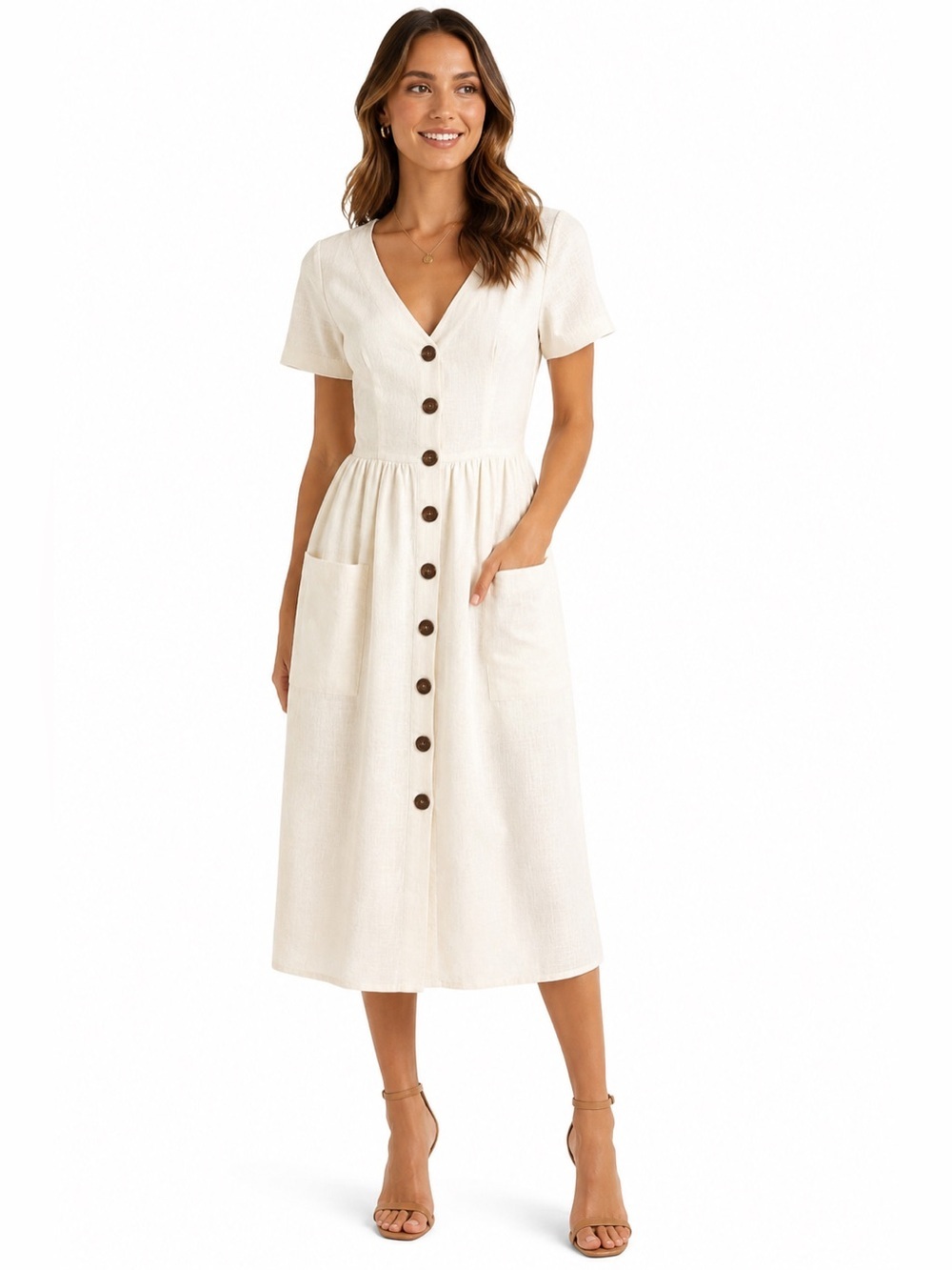 Shareen Collections Australia Ivory Linen Look Button Front Midi Dress Size 8